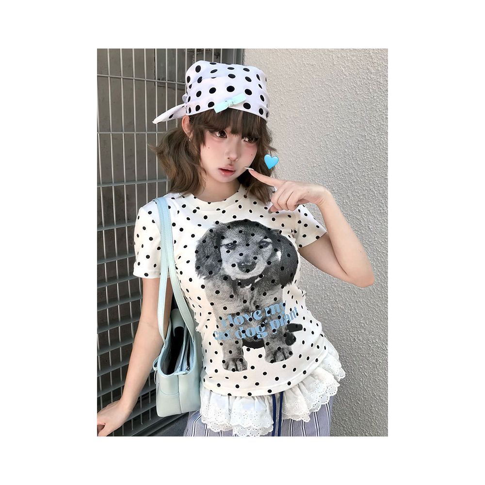 College style shoulder short T shirt for women in summer new puppy polka dot print sweet and spicy style short sleeved versatile top ins image 0