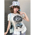 College style shoulder short T shirt for women in summer new puppy polka dot print sweet and spicy style short sleeved versatile top ins