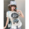 College style shoulder short T shirt for women in summer new puppy polka dot print sweet and spicy style short sleeved versatile top ins