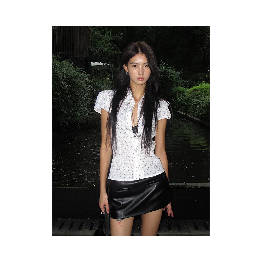 Vintage collar shirt short sleeved women s summer pentagram printed waist pinching shirt T shirt with bubble sleeves spicy girl top ins image 1