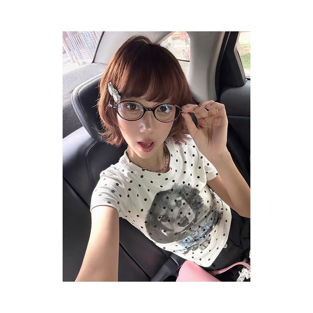 Sweet Cool Wind Shoulder Short T shirt for Women s Summer New Edition with Puppy Polka Dot Print Pure Desire Style Hot Girl Short Sleeve Top Ins image 2