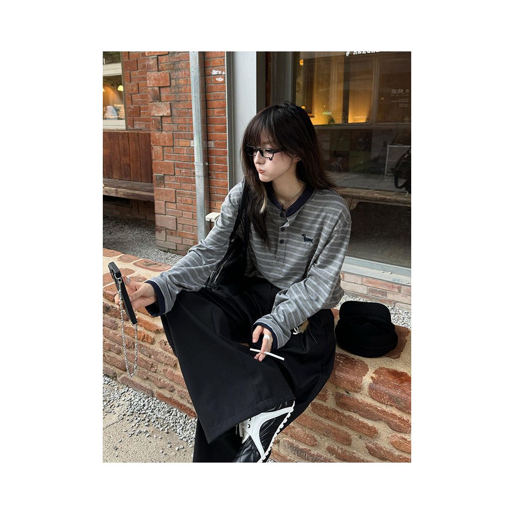 American college style Henry collar long sleeved T shirt for women s summer new item contrasting color splicing striped T shirt versatile top ins image 3