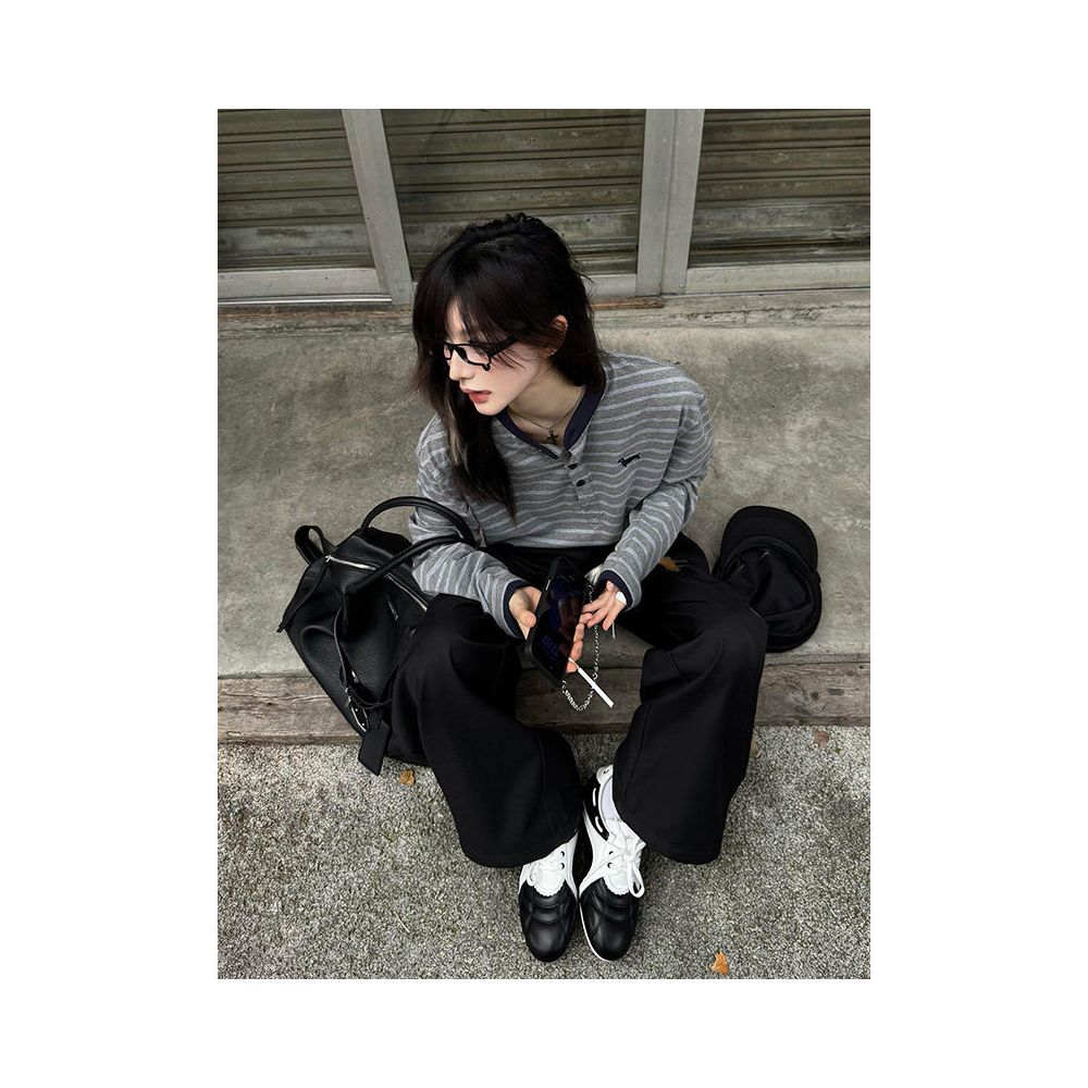 American college style Henry collar long sleeved T shirt for women s summer new item contrasting color splicing striped T shirt versatile top ins image 4