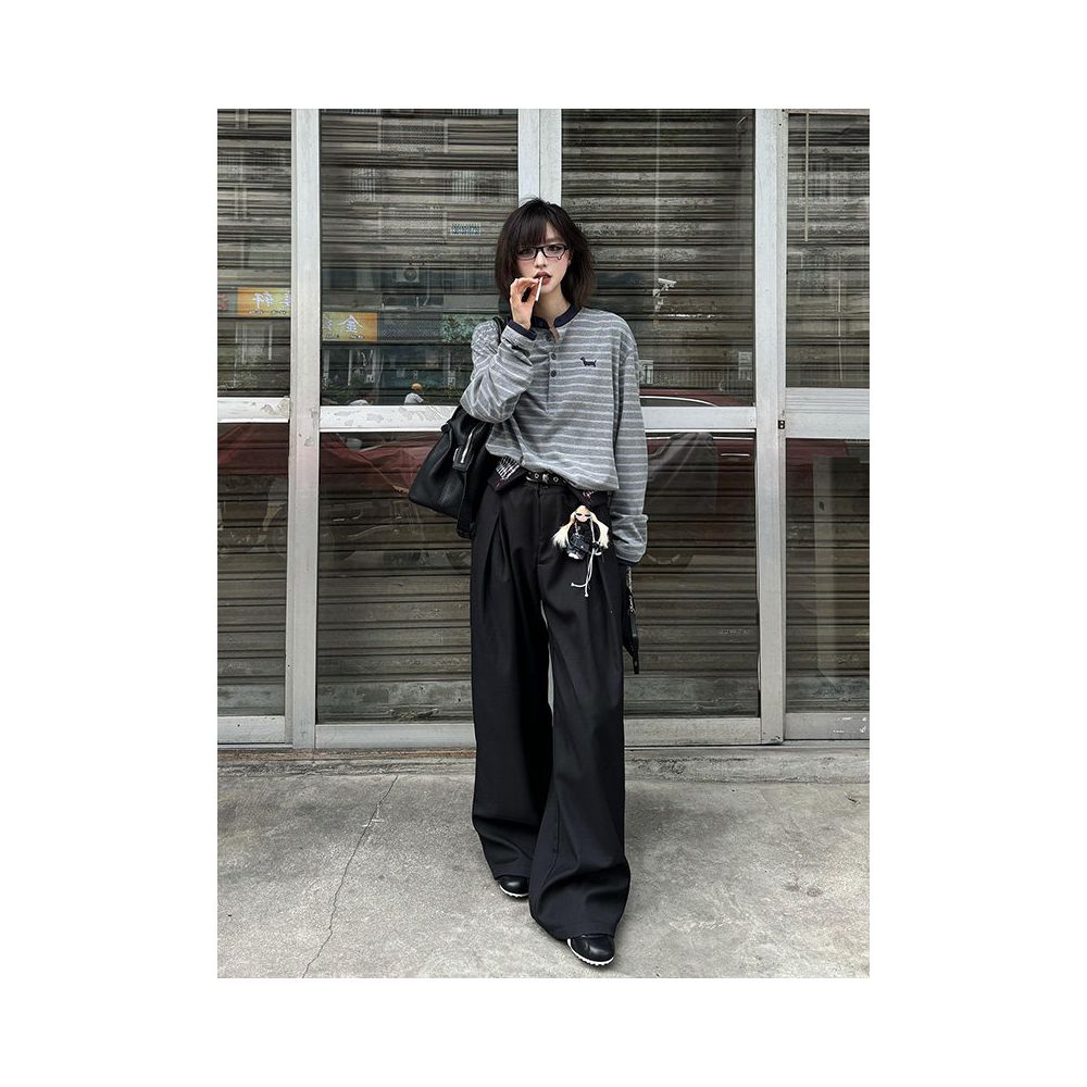 American college style Henry collar long sleeved T shirt for women s summer new item contrasting color splicing striped T shirt versatile top ins image 5