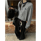 American college style Henry collar long sleeved T shirt for women s summer new item contrasting color splicing striped T shirt versatile top ins