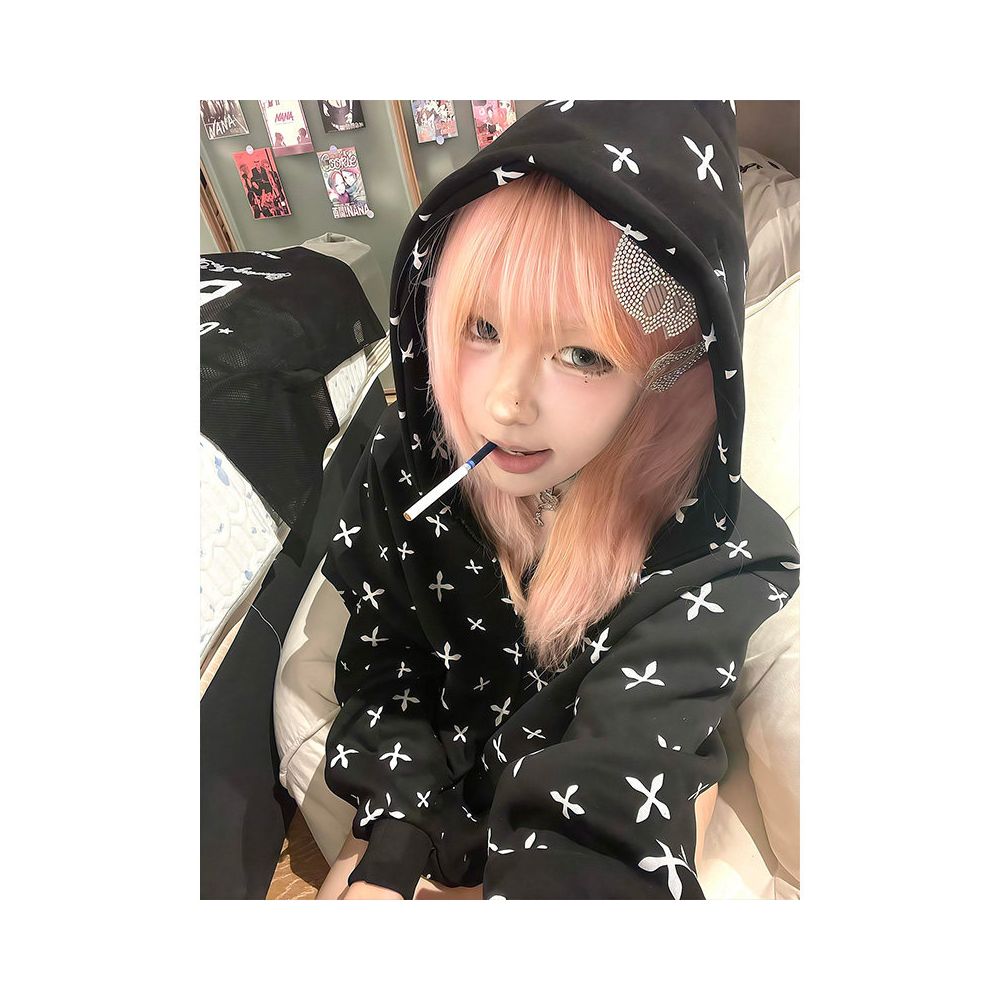American retro college style hooded sweatshirt for women in summer new cross printed zipper cardigan versatile jacket top image 0