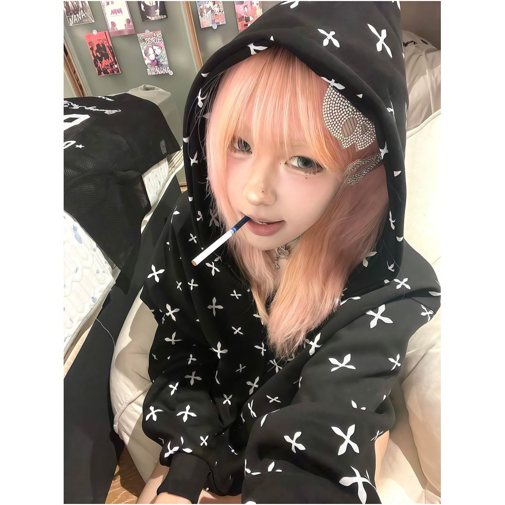 American retro college style hooded sweatshirt for women in summer new cross printed zipper cardigan versatile jacket top