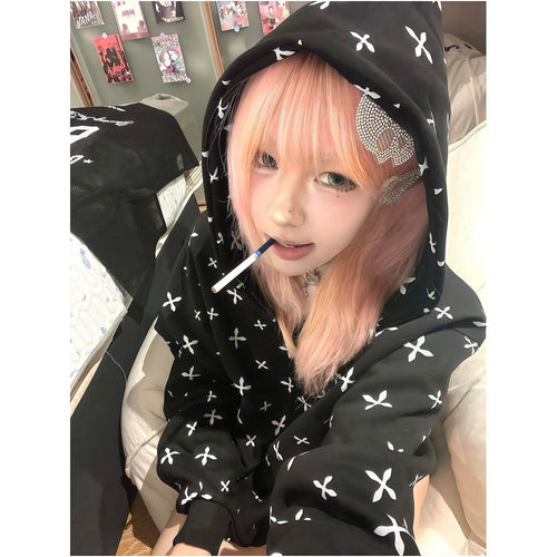 American retro college style hooded sweatshirt for women in summer new cross printed zipper cardigan versatile jacket top