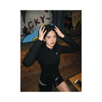 Black hooded sweatshirt women s summer new cross print slim fit zipper cardigan jacket versatile top image 3