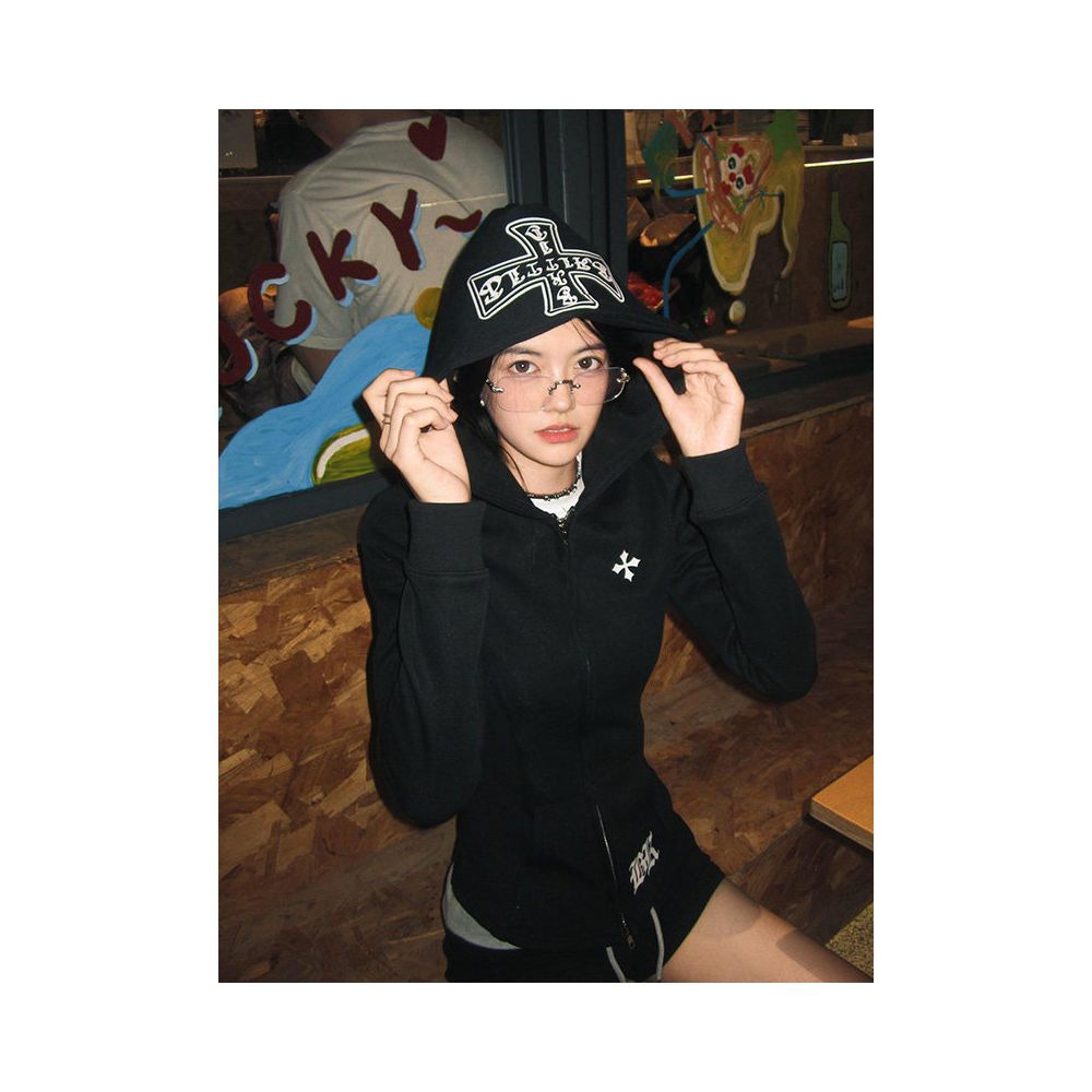 Black hooded sweatshirt women s summer new cross print slim fit zipper cardigan jacket versatile top image 0
