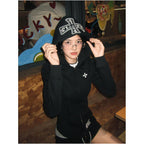 Black hooded sweatshirt women s summer new cross print slim fit zipper cardigan jacket versatile top
