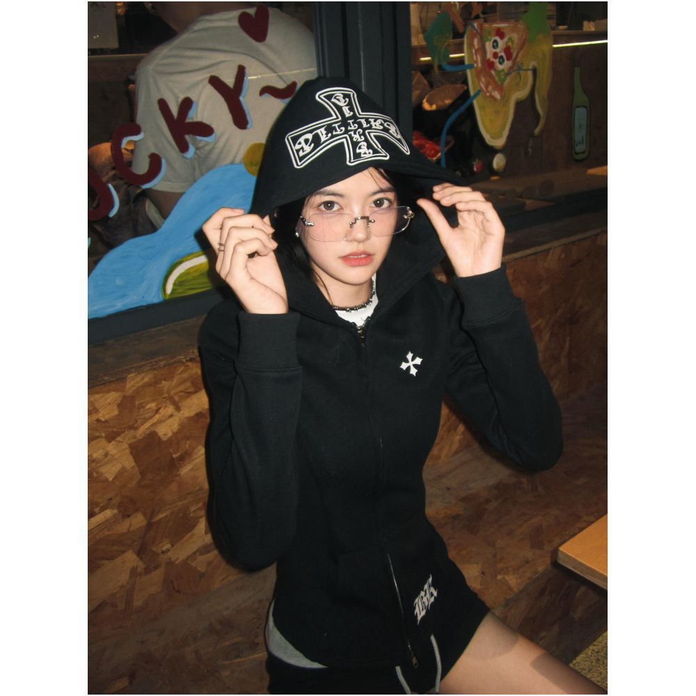 Black hooded sweatshirt women s summer new cross print slim fit zipper cardigan jacket versatile top