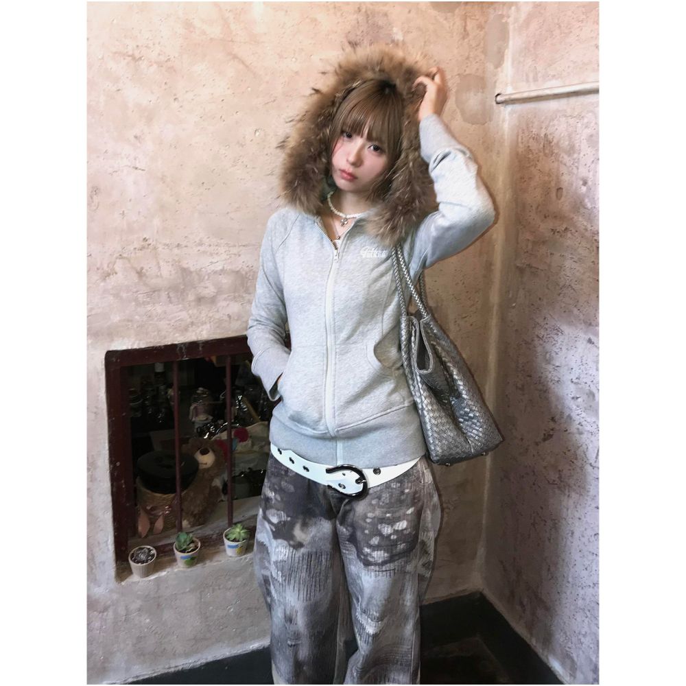 American retro fur collar hooded sweatshirt women s summer new zipper cardigan jacket slim fit and versatile top trendy image 2