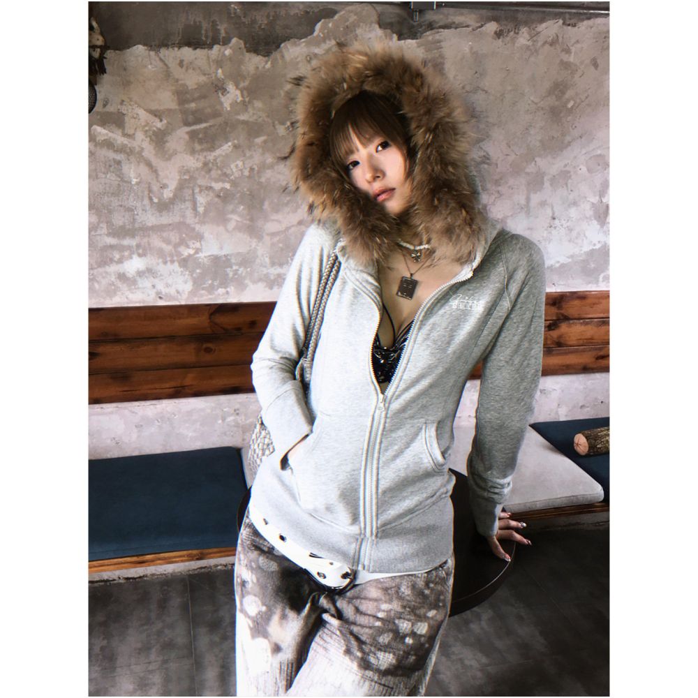 American retro fur collar hooded sweatshirt women s summer new zipper cardigan jacket slim fit and versatile top trendy image 0