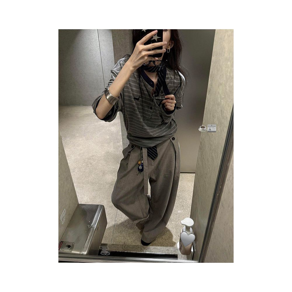 American college style Henry collar long sleeved T shirt for women s early autumn new item contrasting color splicing striped versatile T shirt top ins image 4