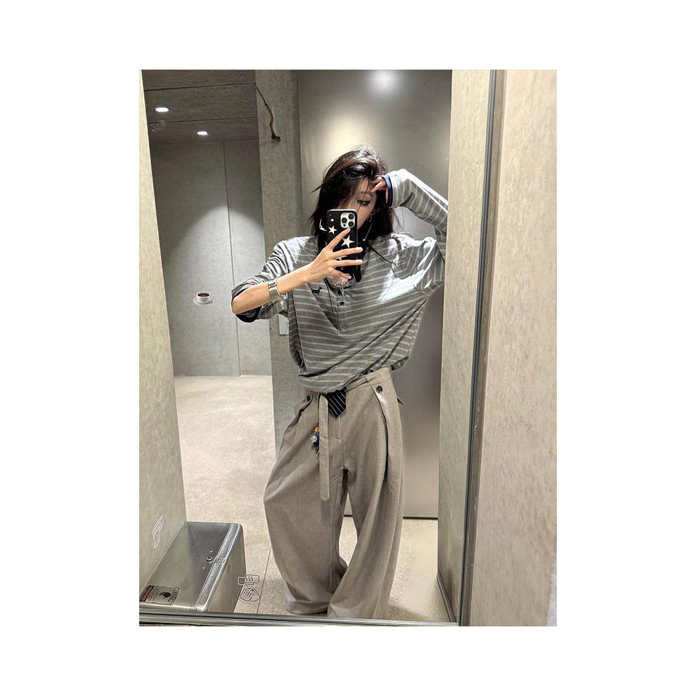 American college style Henry collar long sleeved T shirt for women s early autumn new item contrasting color splicing striped versatile T shirt top ins image 5