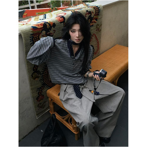 American college style Henry collar long sleeved T shirt for women s early autumn new item contrasting color splicing striped versatile T shirt top ins