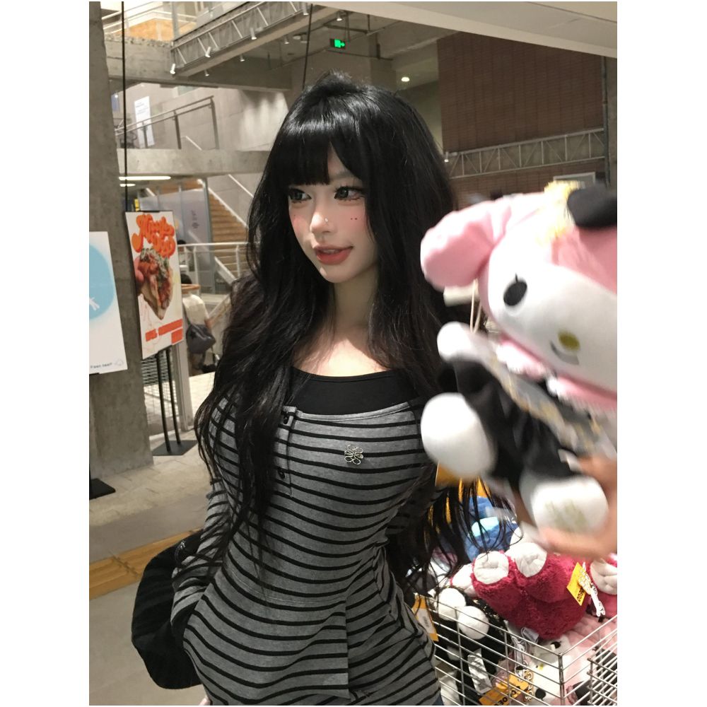 American style hooded pullover long sleeved T shirt for women in autumn new striped fake two piece T shirt slim fit and versatile top