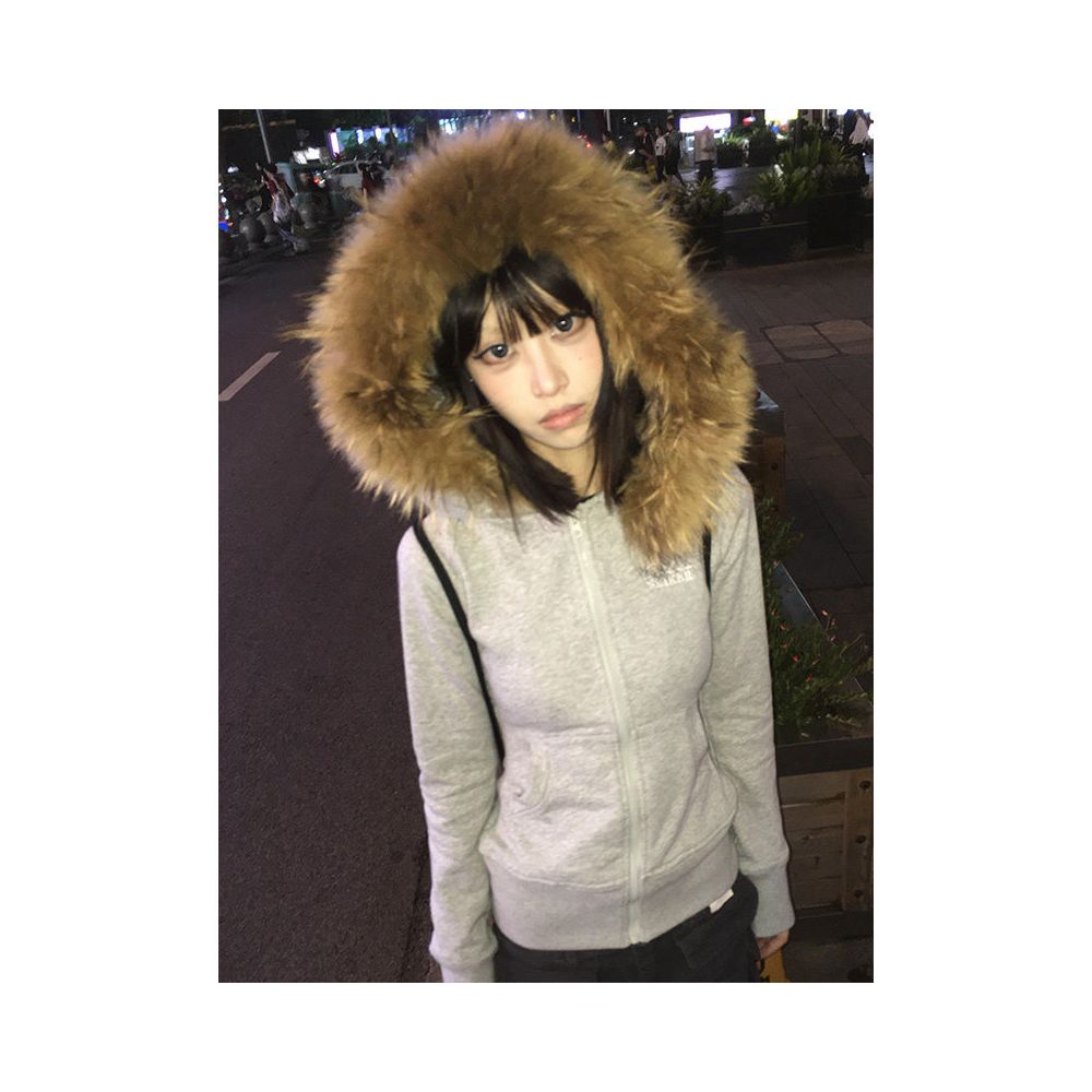 American retro fur collar hoodie women s autumn new zipper cardigan slim fit and slimming zipper cardigan hooded jacket top image 3