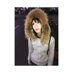 American retro fur collar hoodie women s autumn new zipper cardigan slim fit and slimming zipper cardigan hooded jacket top image 4