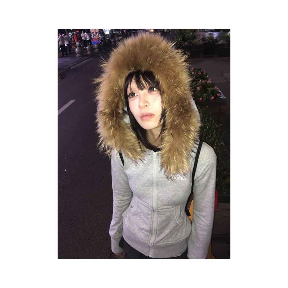 American retro fur collar hoodie women s autumn new zipper cardigan slim fit and slimming zipper cardigan hooded jacket top image 4