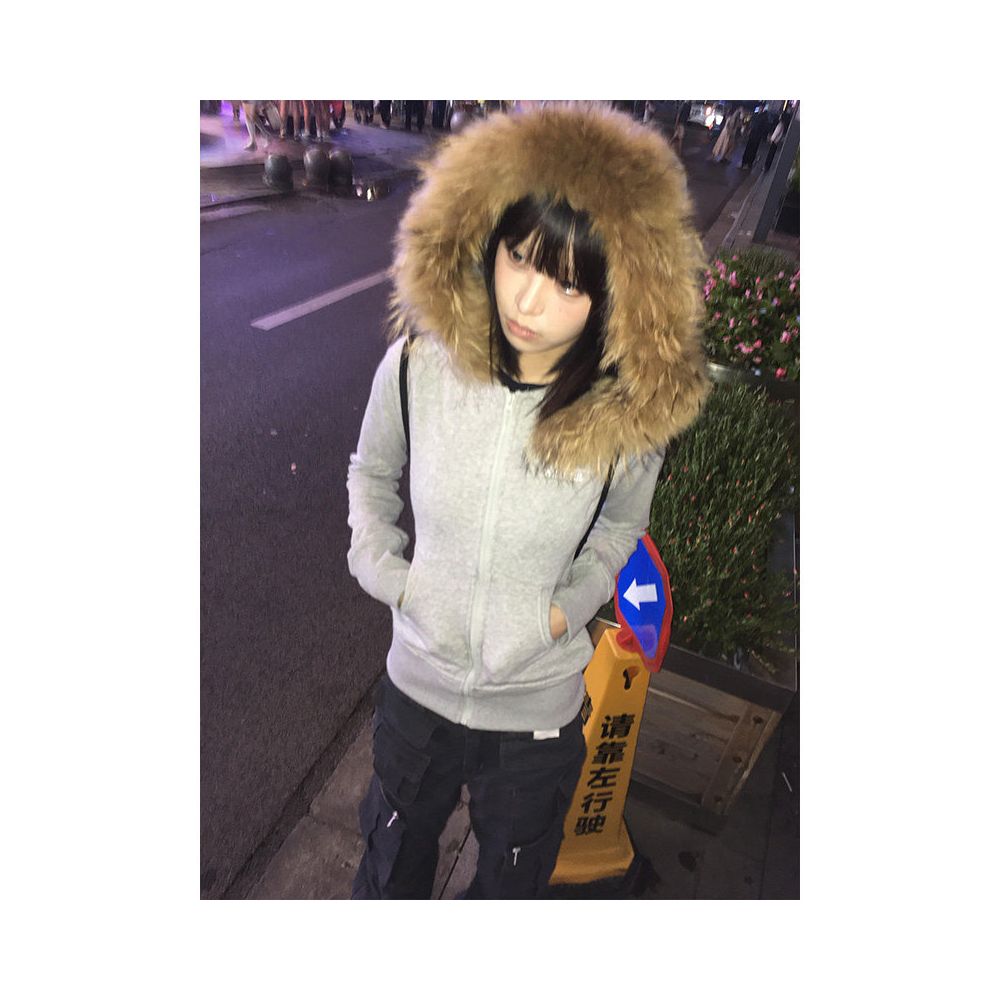 American retro fur collar hoodie women s autumn new zipper cardigan slim fit and slimming zipper cardigan hooded jacket top image 5