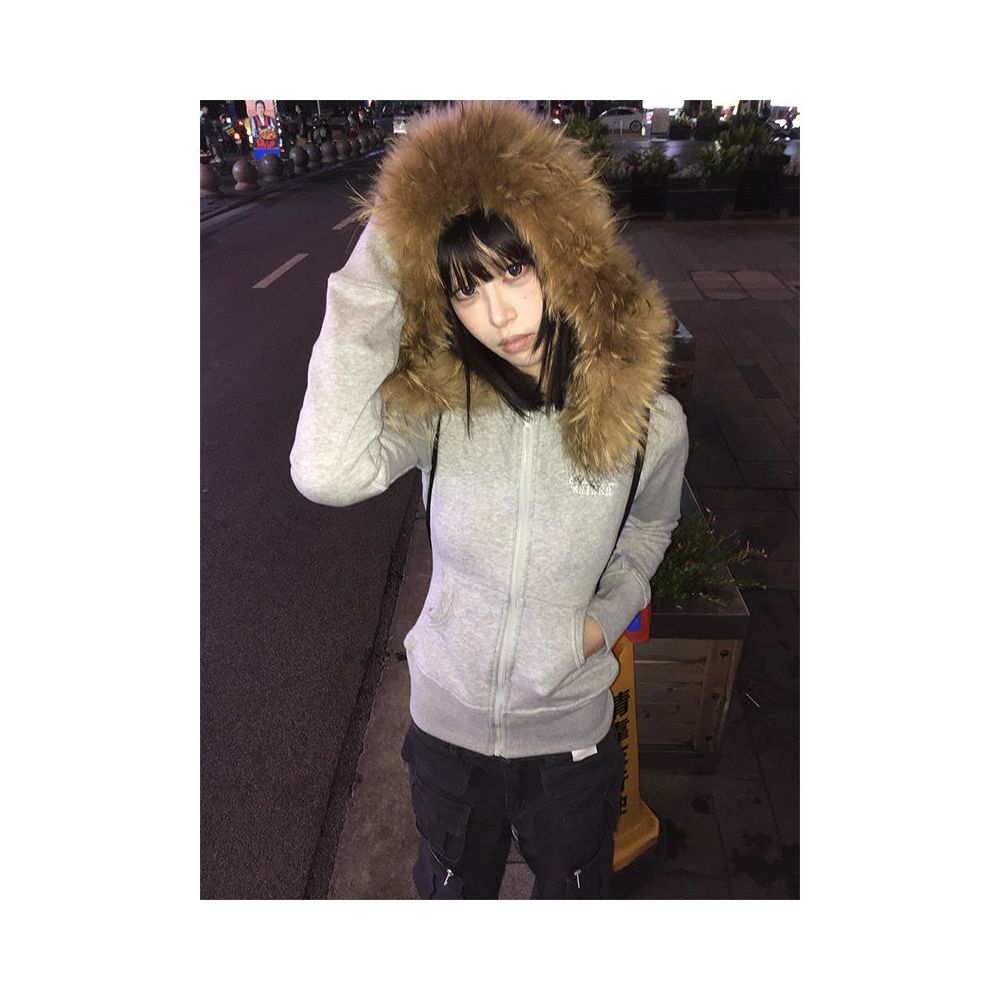 American retro fur collar hoodie women s autumn new zipper cardigan slim fit and slimming zipper cardigan hooded jacket top image 0