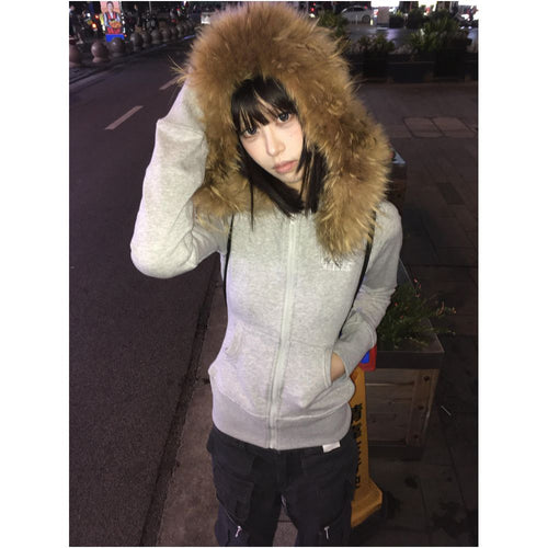 American retro fur collar hoodie women s autumn new zipper cardigan slim fit and slimming zipper cardigan hooded jacket top