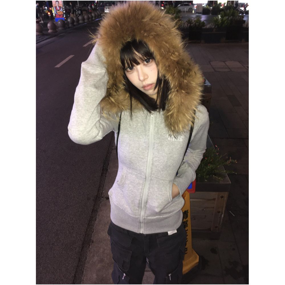 American retro fur collar hoodie women s autumn new zipper cardigan slim fit and slimming zipper cardigan hooded jacket top