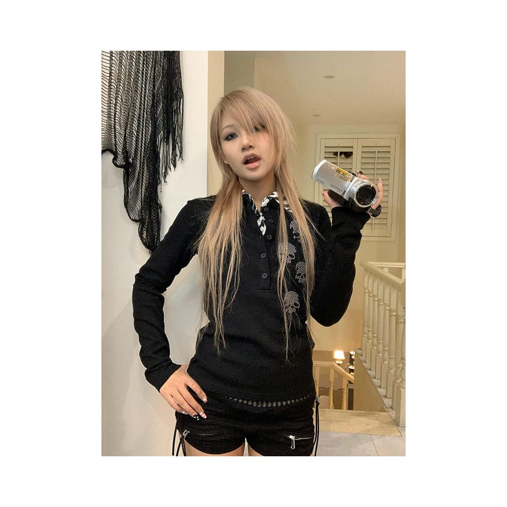 Y2k punk long sleeved T shirt women s early autumn skull hot diamond polo shirt V neck base shirt slim fit short top ins image 0