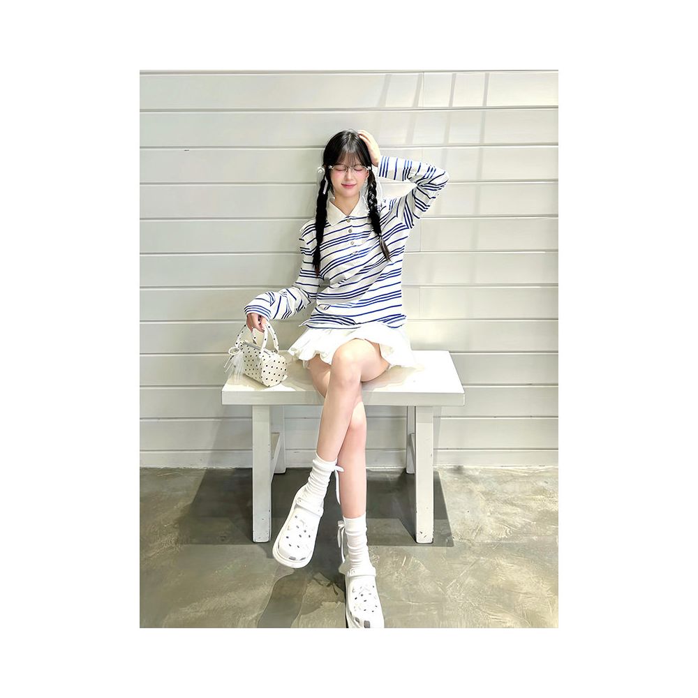 Miu department college style lapel long sleeved T shirt women s autumn new blue and white striped T shirt oversized versatile top image 4
