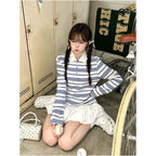 Miu department college style lapel long sleeved T shirt women s autumn new blue and white striped T shirt oversized versatile top