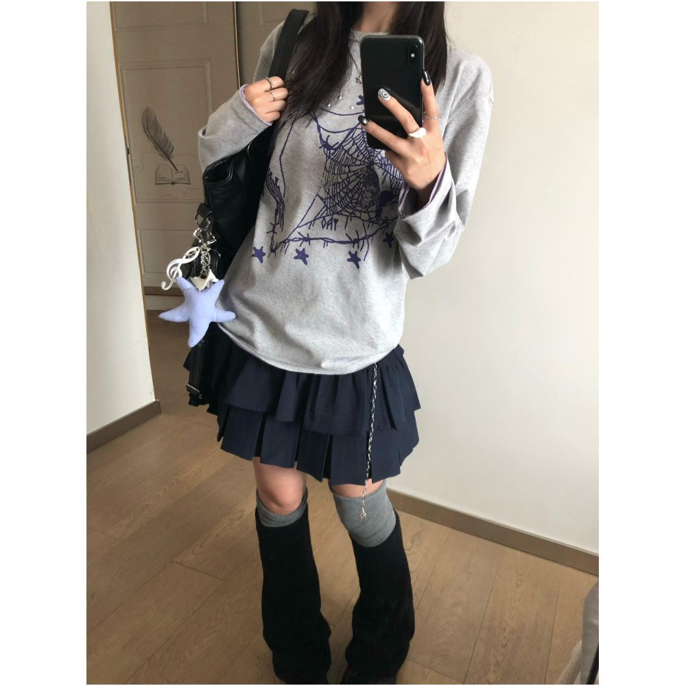 American retro long sleeved T shirt for women s autumn new item Dream Butterfly print loose round neck T shirt oversized top
