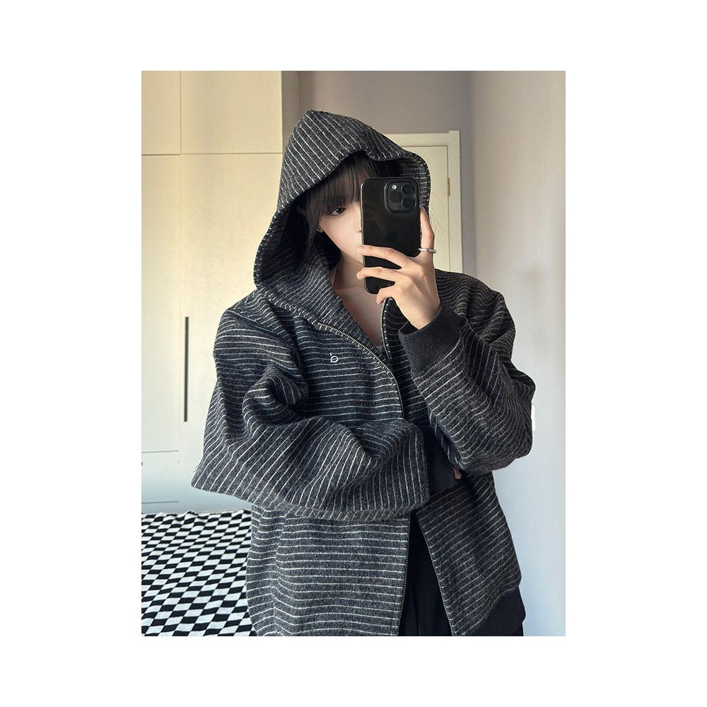 American retro hooded sweatshirt for women in autumn new striped zipper cardigan woolen heavyweight jacket couple s top trend image 1