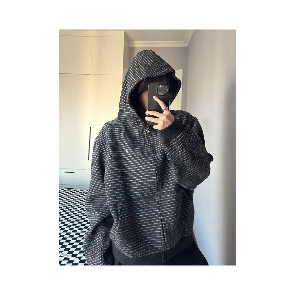 American retro hooded sweatshirt for women in autumn new striped zipper cardigan woolen heavyweight jacket couple s top trend image 2