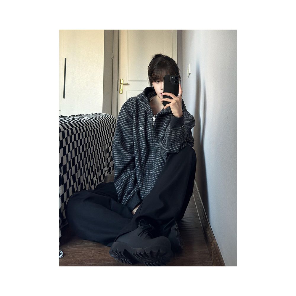 American retro hooded sweatshirt for women in autumn new striped zipper cardigan woolen heavyweight jacket couple s top trend image 3