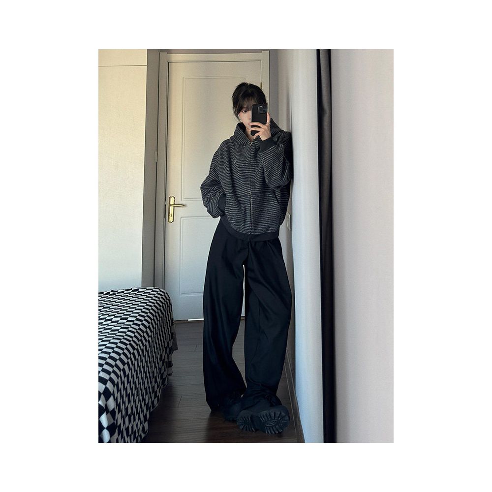 American retro hooded sweatshirt for women in autumn new striped zipper cardigan woolen heavyweight jacket couple s top trend image 4