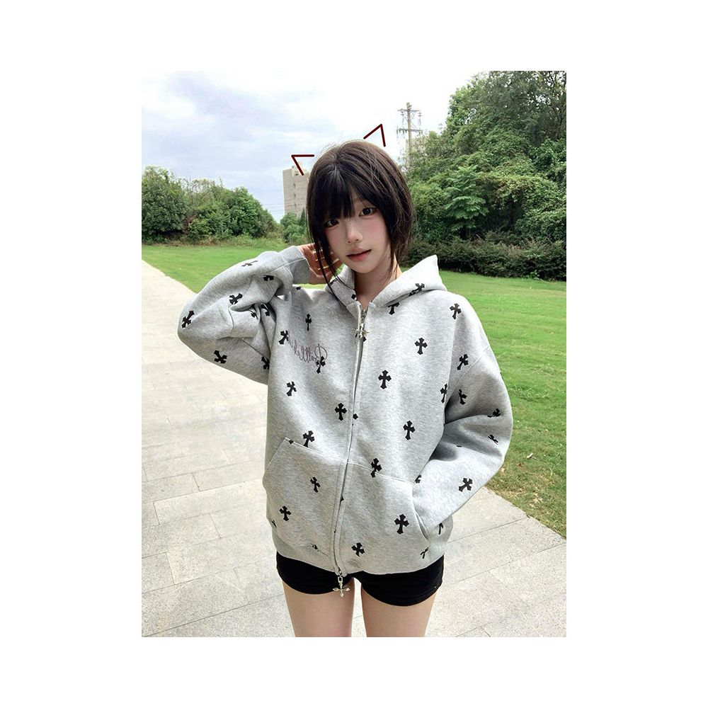 American retro hooded sweatshirt women s autumn new cross print zipper cardigan versatile jacket casual top image 2