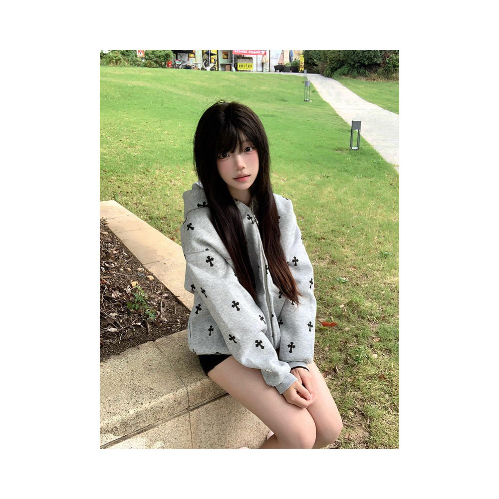 American retro hooded sweatshirt women s autumn new cross print zipper cardigan versatile jacket casual top image 3