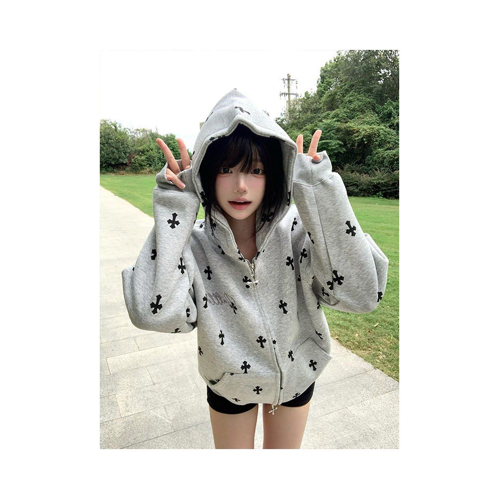 American retro hooded sweatshirt women s autumn new cross print zipper cardigan versatile jacket casual top image 0