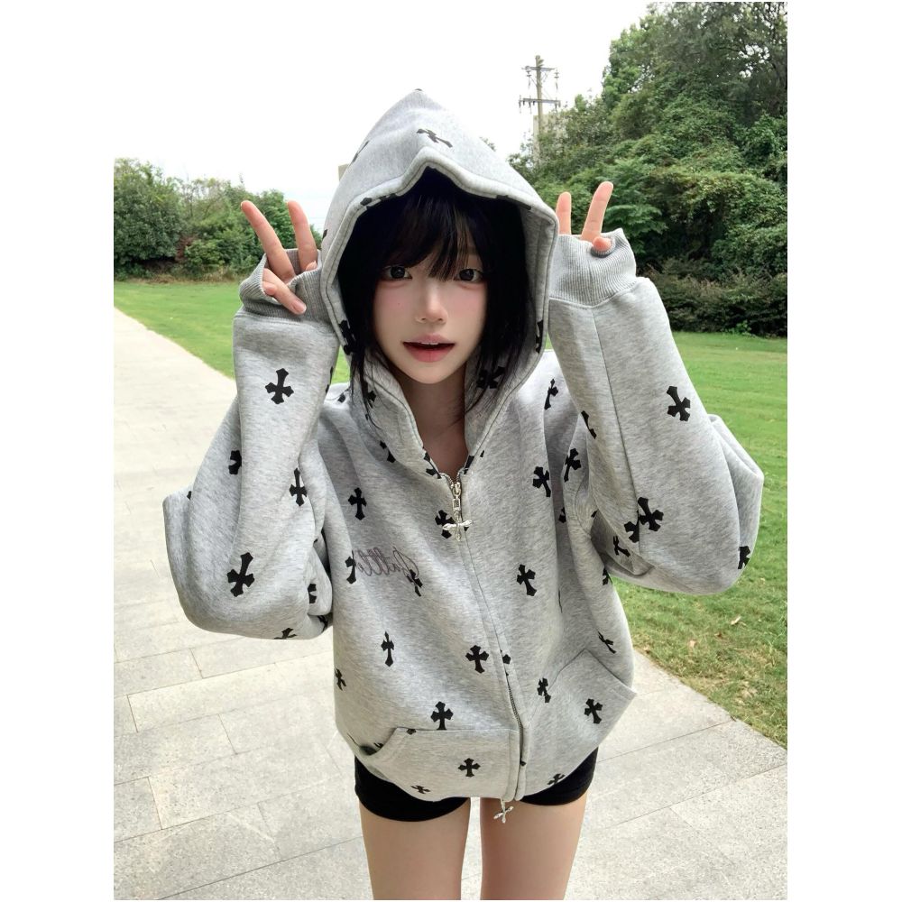 American retro hooded sweatshirt women s autumn new cross print zipper cardigan versatile jacket casual top
