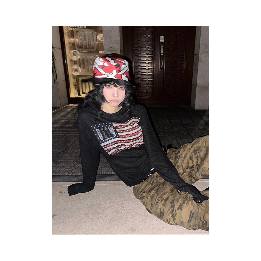 American retro long sleeved T shirt for women autumn vintage rice flag print slim fit and slimming base shirt spicy girl top ins image 2