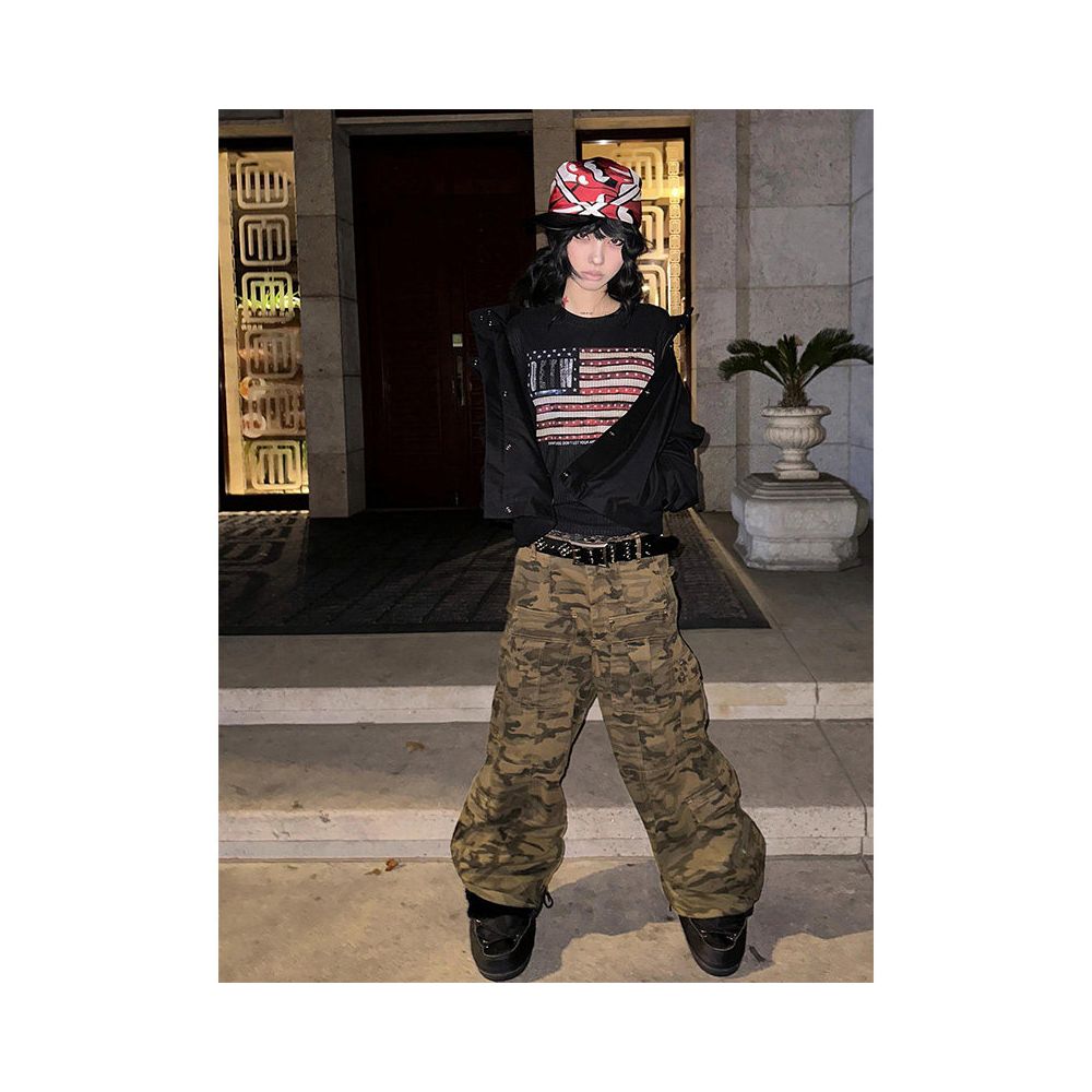 American retro long sleeved T shirt for women autumn vintage rice flag print slim fit and slimming base shirt spicy girl top ins image 4