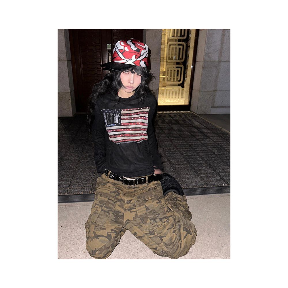 American retro long sleeved T shirt for women autumn vintage rice flag print slim fit and slimming base shirt spicy girl top ins image 0