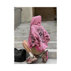 Pink hooded sweatshirt women s autumn new cross print zipper cardigan jacket oversized top trendy image 3