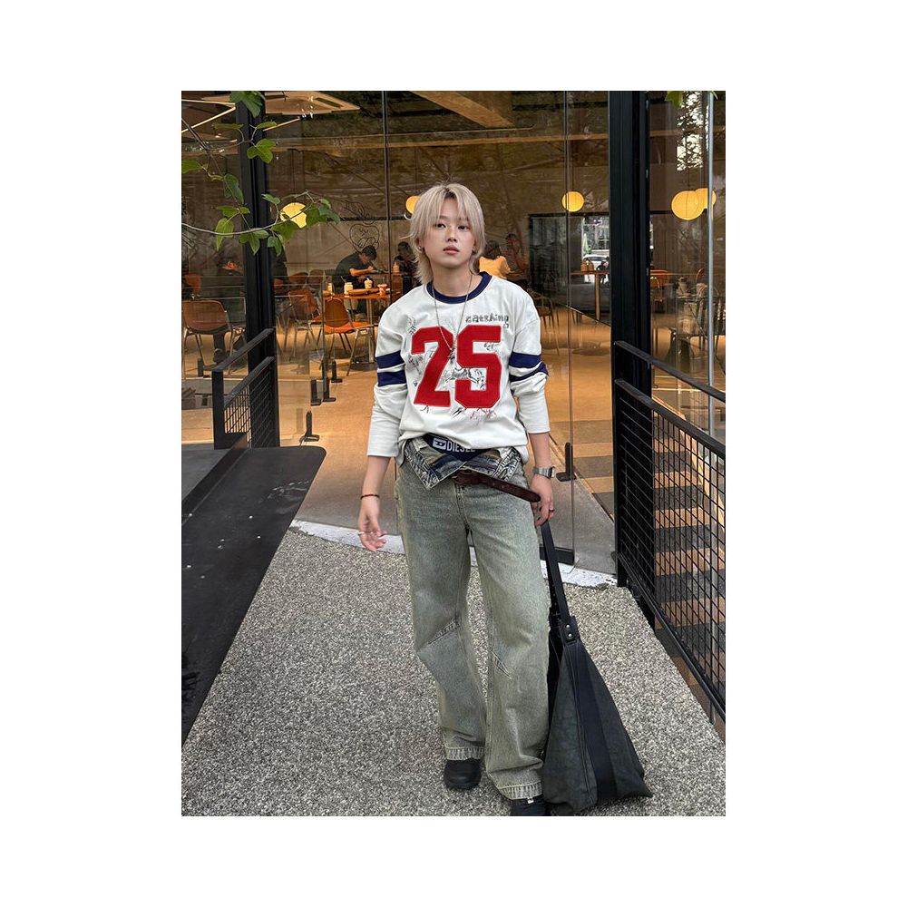 American college style round neck long sleeved T shirt for women in autumn new digital embroidery contrasting color street style base shirt top image 3