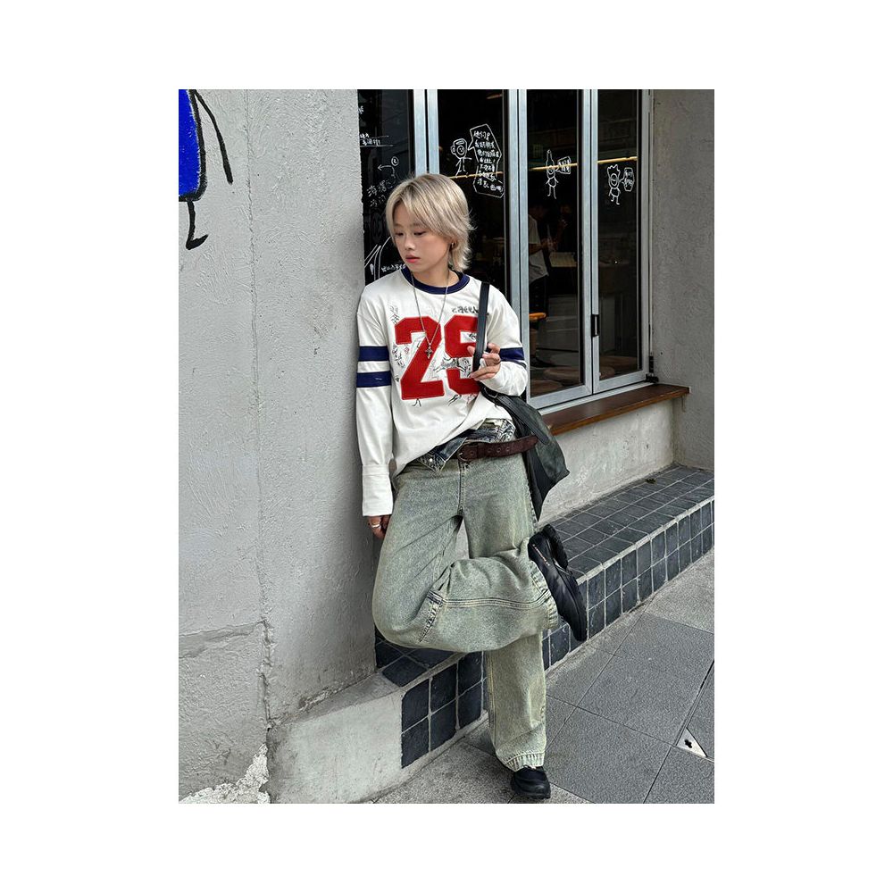 American college style round neck long sleeved T shirt for women in autumn new digital embroidery contrasting color street style base shirt top image 4