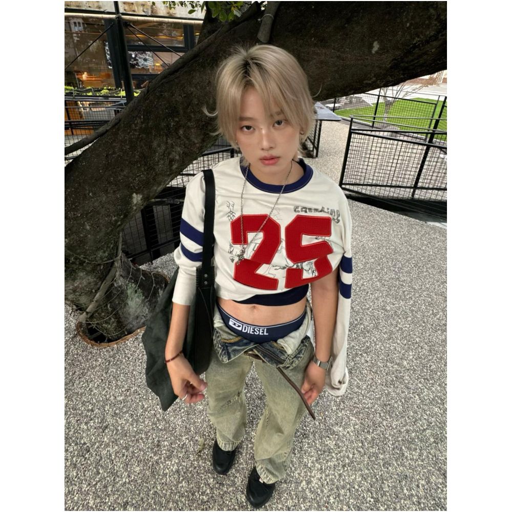 American college style round neck long sleeved T shirt for women in autumn new digital embroidery contrasting color street style base shirt top