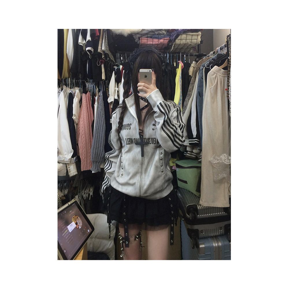 Subcultural stand up collar jacket women s autumn new style washed sprayed dirty worn sports style hoodie Abi top trend image 1