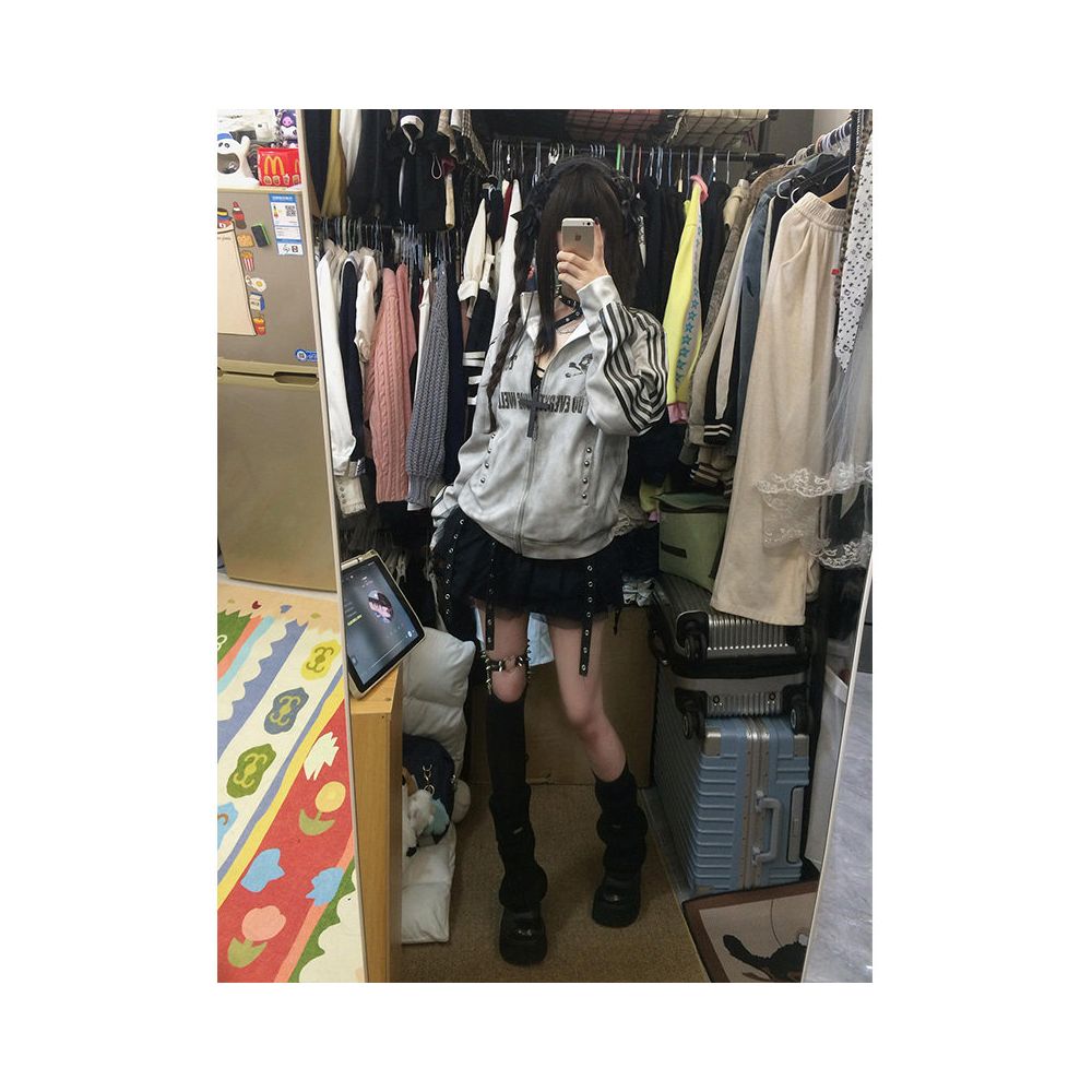 Subcultural stand up collar jacket women s autumn new style washed sprayed dirty worn sports style hoodie Abi top trend image 5